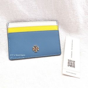 NWT Tory Burch Emerson Colorblock Slim Card Case Blue Yonder Calendula 87944